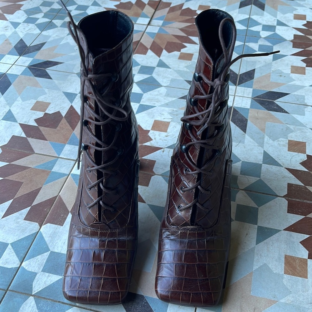 Beautiful mock crock leather lace up boots